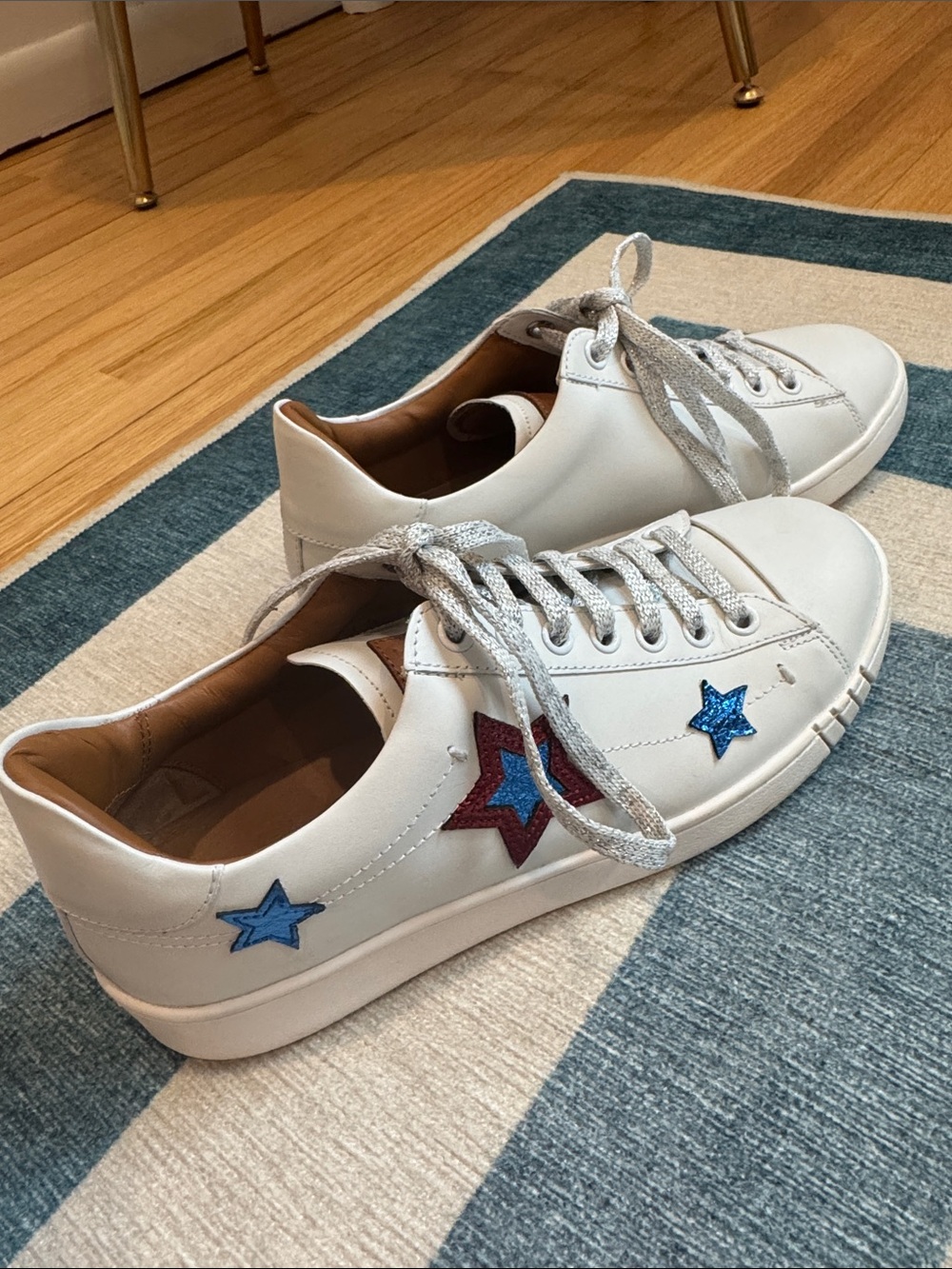 Bally White Leather Sneakers with Blue and Red Star Appliqués